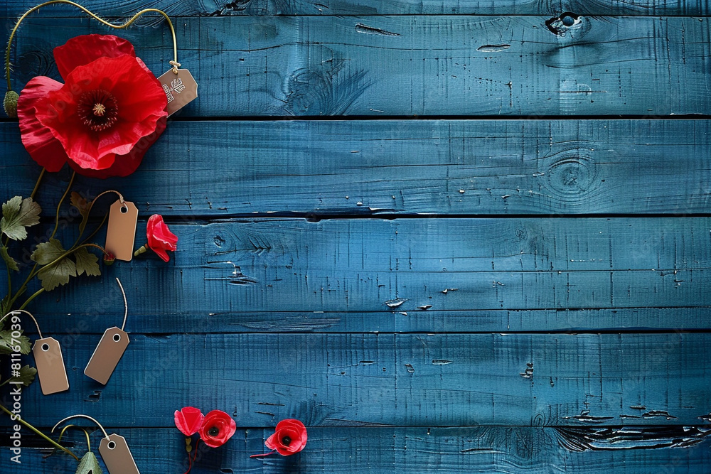 Memorial Day tribute red poppy and military tags on a vintage blue ...