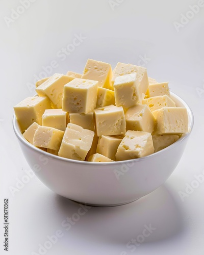 A bowl of white cheese cubes on a white background. photo