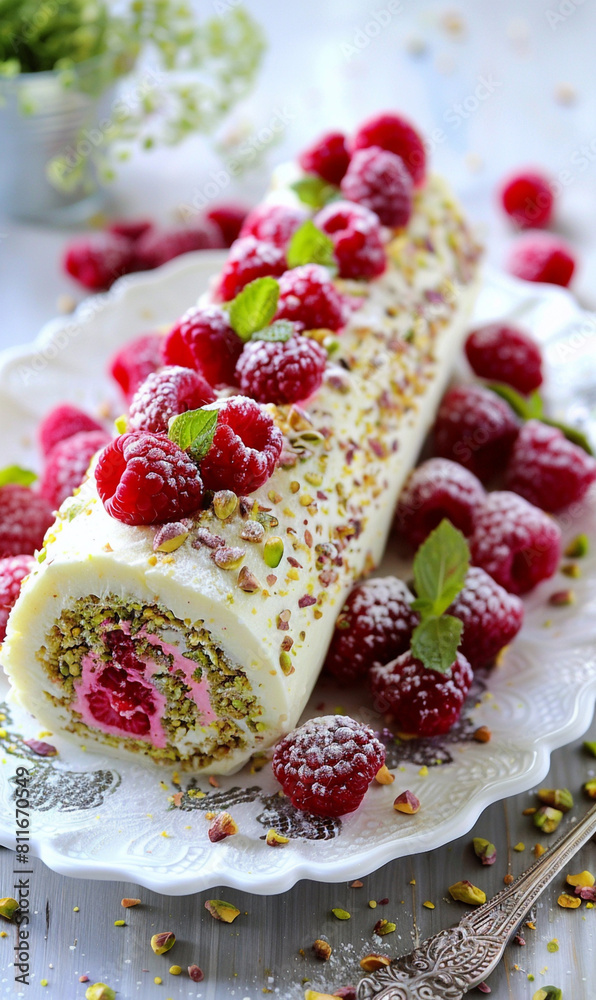 Fresh Raspberry Roll on White Plate Fresh Raspberry Roll on White Plate