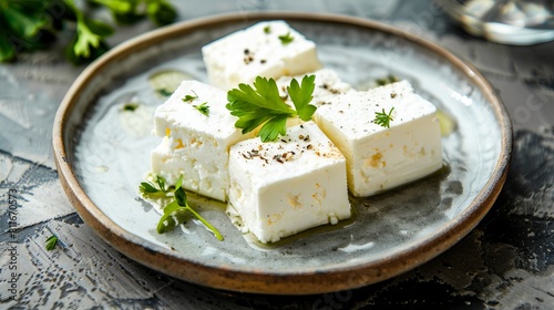 Feta cheese on a plate with parsley. photo