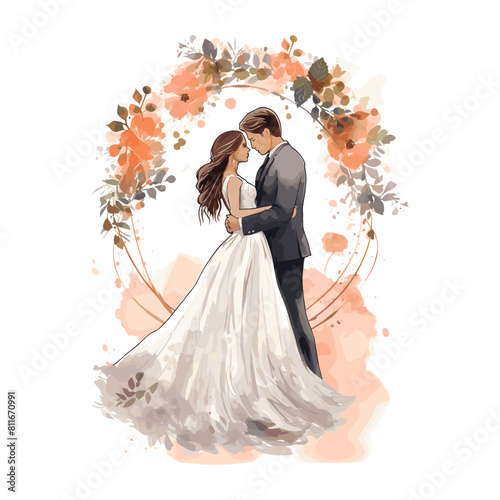 a watercolor painting of a bride and groom