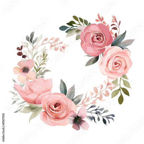 a wreath of pink roses with green leaves and pink flowers water colour