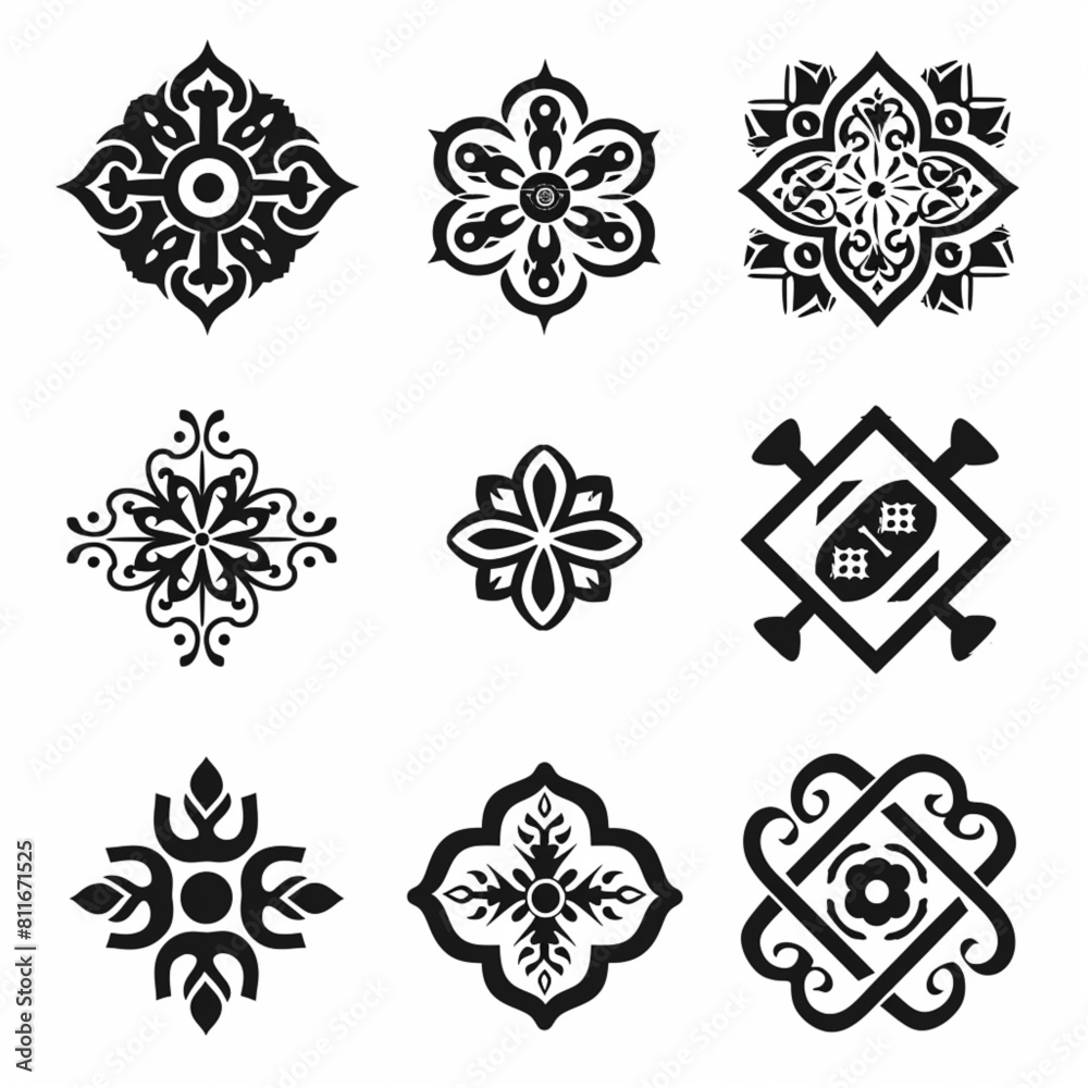 
Mongolian traditional ornament vector icon set, white background, simple shapes, simple lines, simple design in the style of black color.