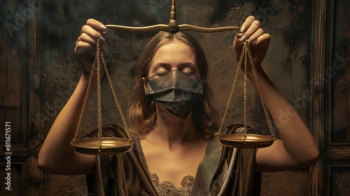Young woman in a medical mask holds scales of justice in her hands.