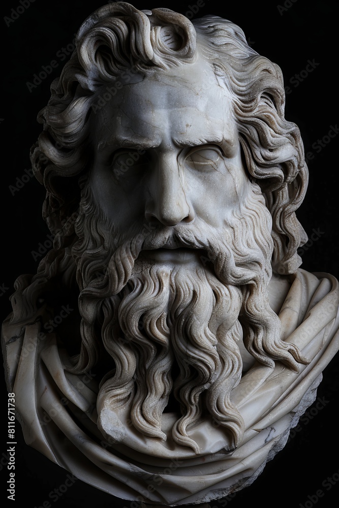 Detailed marble bust of a bearded man with flowing hair