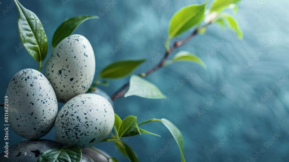 Speckled eggs on green leaves