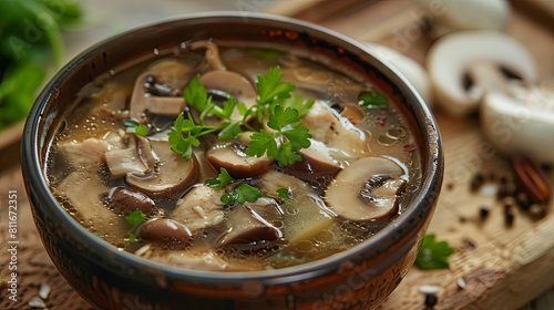 Mushroom soup in a bowl on a wooden table, selective focus