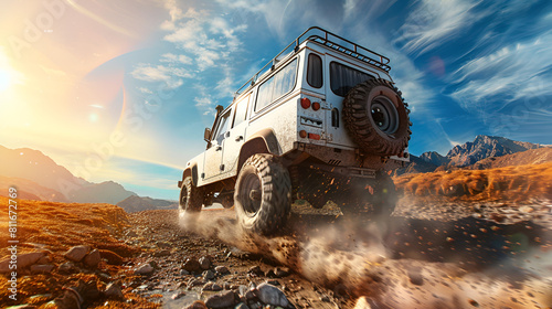 An overland vehicle traversing challenging terrains showcasing the spirit of adventure under the blue sky background
 photo