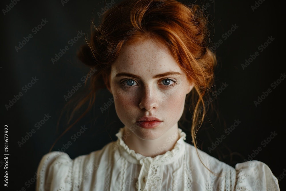 Pensive young woman with fiery red hair and freckles Pensive young woman with fiery red hair and freckles