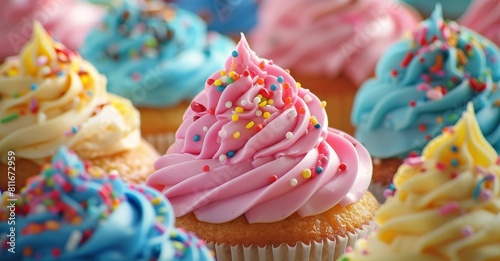 Colorful cupcakes with vibrant frosting and sprinkles