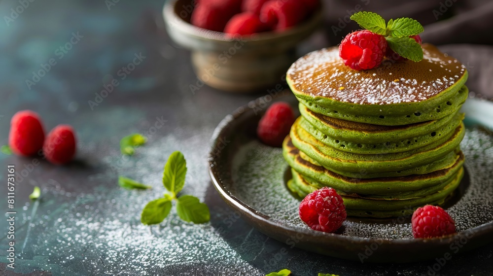 Green pancakes with raspberries and powdered sugar.