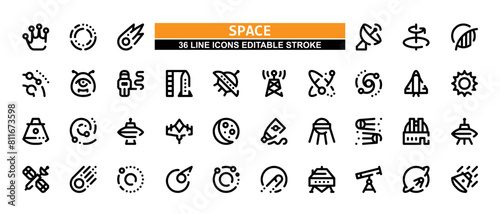 36 Space Line Icons Set Pack Editable Stroke Vector Illustration.