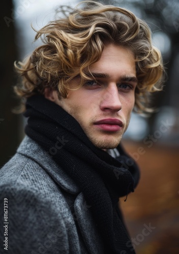 Pensive young man with curly hair and scarf © Ari