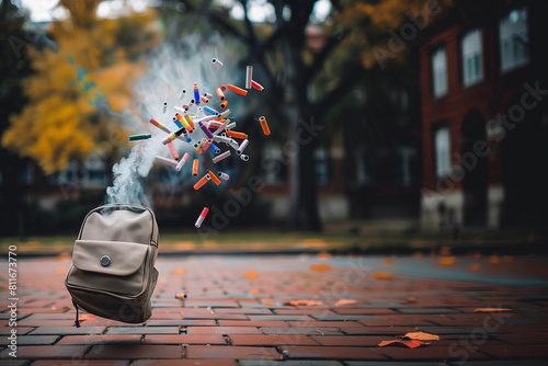 Colorful vapes flying out of high school backpack bag smoke e-cigarette vape floating in air Collage background nicotine quit education ad health epidemic vaping addiction awareness in teen youth