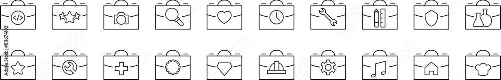 Collection of Line Icons of suitcase, briefcase, portfolio for Adverts. Suitable for books, stores, shops. Editable stroke in minimalistic outline style. Symbol for design Collection of Line Icons of suitcase, briefcase, portfolio for Adverts. Suitable for books, stores, shops. Editable stroke in minimalistic outline style. Symbol for design