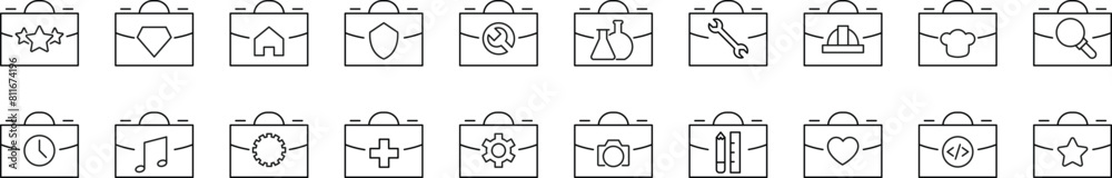 Collection of icons of suitcase, briefcase, portfolio for Advertisement. Suitable for books, stores, shops. Editable stroke in minimalistic outline style. Symbol for design Collection of icons of suitcase, briefcase, portfolio for Advertisement. Suitable for books, stores, shops. Editable stroke in minimalistic outline style. Symbol for design
