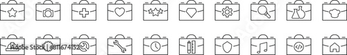 Collection of Line Icons of suitcase, briefcase, portfolio. Suitable for books, stores, shops. Editable stroke in minimalistic outline style. Symbol for design