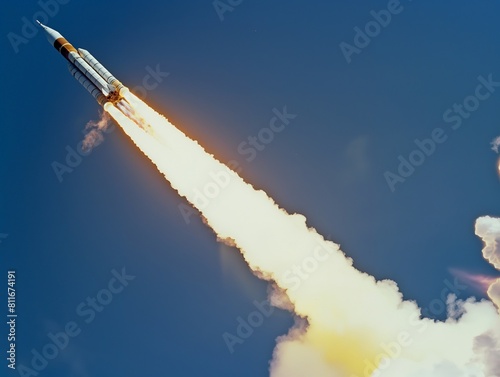 A space rocket ascending dynamically with a fiery trail into the clear blue sky.