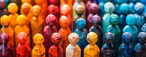 Concept of diversity. Wooden figures of different colors representing people.