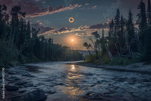 Total solar eclipse above river