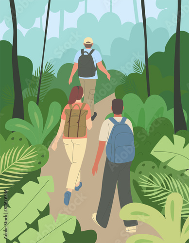 Group of travelers in rainforest go deep. People with backpacks in jungle explore nature. Figures are viewed from behind. Flat vector illustration.