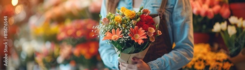 A closeup of a store employee with Down syndrome carefully wrapping a bouquet of flowers, demonstrating their care and dedication to their work in the flower shop 8K , high-resolution, ultra HD,up32K  photo
