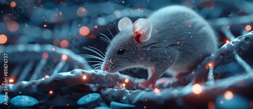 A detailed image of a laboratory white mouse on a structure that mimics neural pathways, highlighting the role of DNA sequencing and genetic research in neuroscience 8K , high-resolution, ultra HD,up3 photo