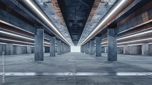 A 3D depiction of modern  futuristic architecture featuring a vacant concrete floor  ideal for showcasing cars.