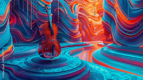 A futuristic scene of a digital concert hall where an AIpowered cello performs classical music with grace and skill, pushing the boundaries of musical creativity