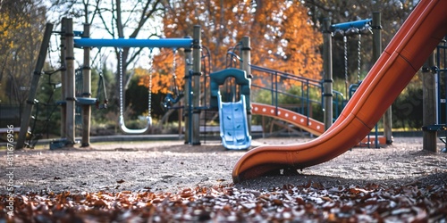 A recreational area with a chute and a swing structure, featuring shades of orange and blue.