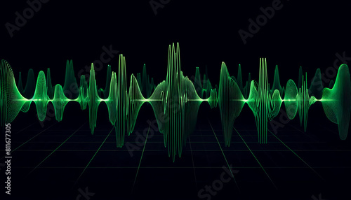 Contemporary Green Waveforms on Black Background, Graphic Material
