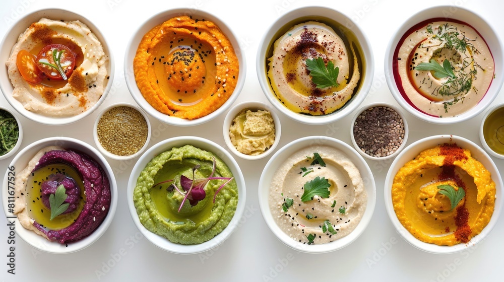 Colorful Assortment of Healthy Gourmet Hummus Dips