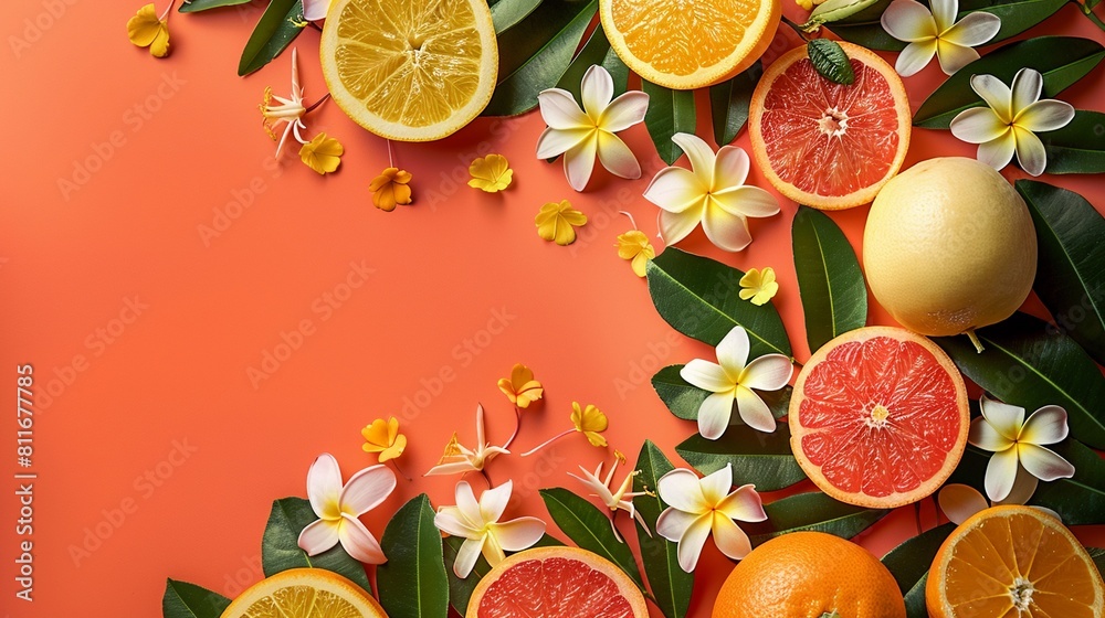 An inviting image of tropical fruits and flowers on a coral background, with vibrant citrus slices and summer blooms forming a border on a pastel orange backdrop, offering a refreshing and tropical vi An inviting image of tropical fruits and flowers on a coral background, with vibrant citrus slices and summer blooms forming a border on a pastel orange backdrop, offering a refreshing and tropical vi