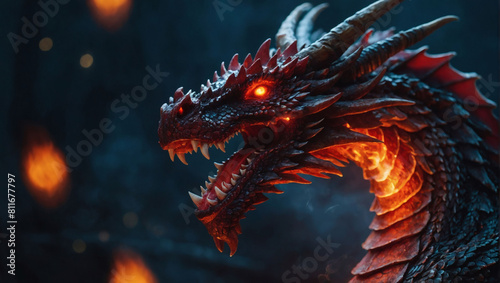 Epic dark fantasy art features a red dragon's fiery breath, a powerful mythological creature. © xKas