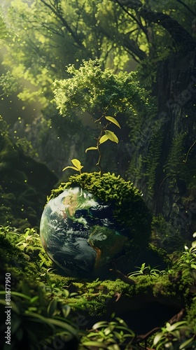 Global Harmony A D Rendered Forest with a Sapling Emerging from the Earths Globe