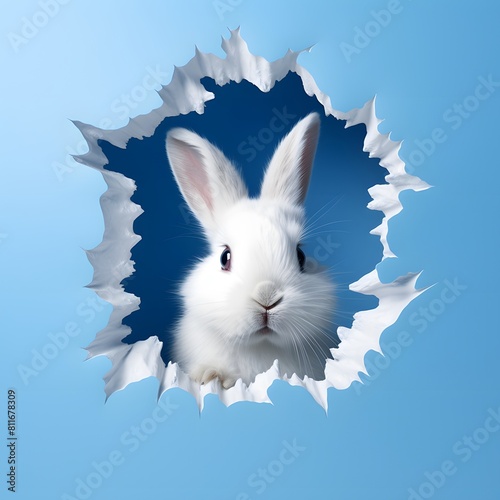 Fluffy eared bunny peeking out of a hole in blue wall. Generative AI.