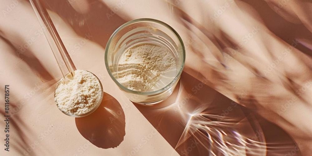 Fototapeta premium A serving of collagen powder mixed with water for enhancing beauty and promoting wellness.