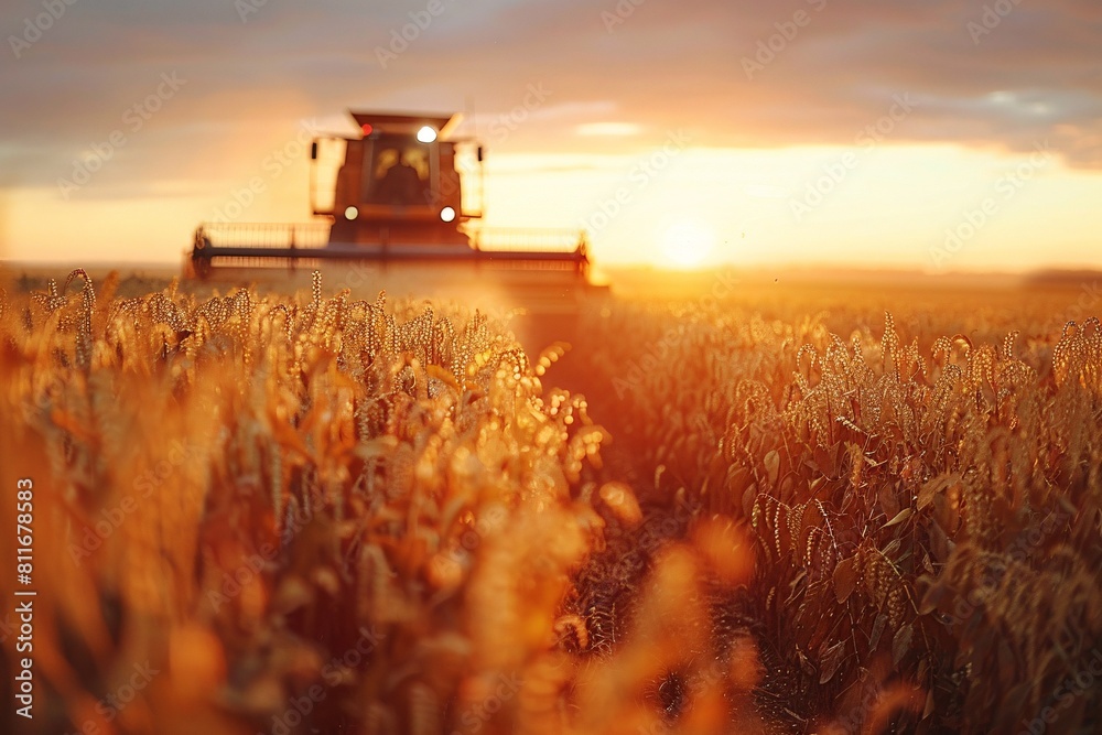 Fototapeta premium Harvesting machine discharging gathered soybeans in field during dusk.