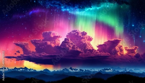 Abstract celestial phenomenon background with auroras and cosmic clouds.