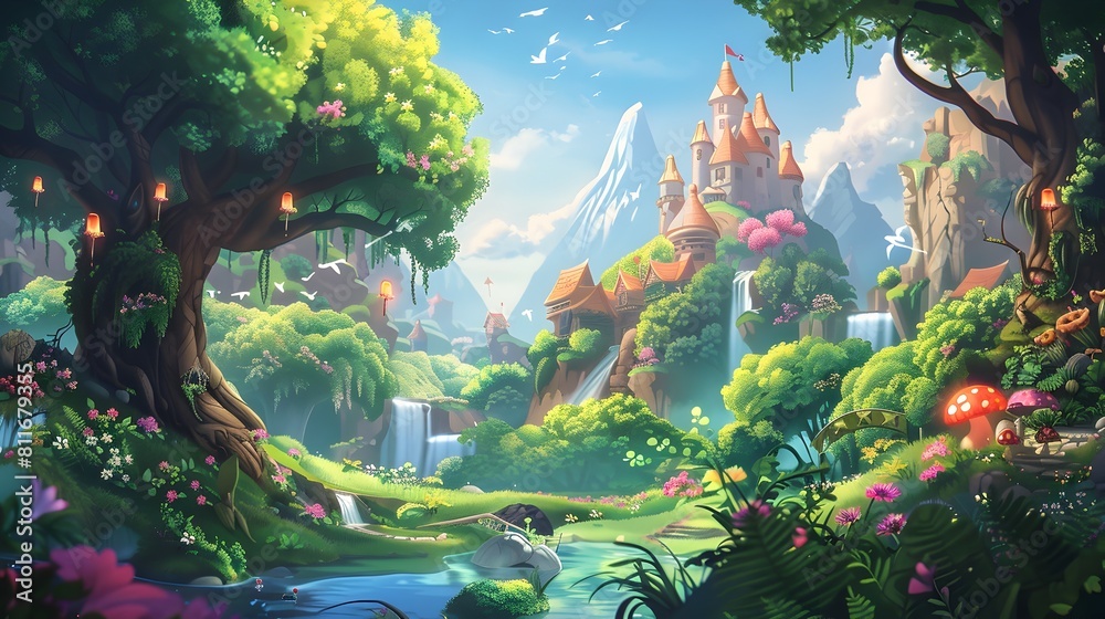 Fototapeta premium Enchanted Fantasy Landscape with Magical Creatures and Castles in Dreamlike Scenery