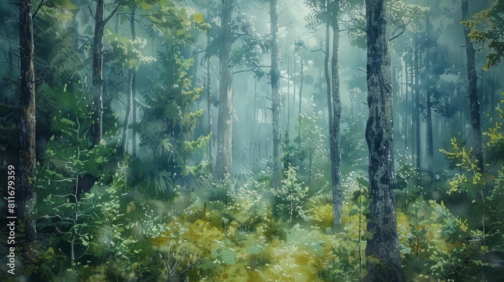 The green misty forest with a lot of trees, grass and sunlight The green misty forest with a lot of trees, grass and sunlight