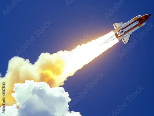 A space shuttle ascends with intense flame and smoke against a clear blue sky.