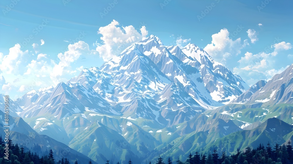 Obraz premium Majestic Snowcapped Mountain Peaks Reaching Towards Boundless Blue Skies in a Picturesque Alpine