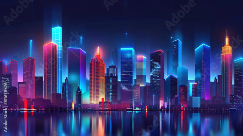 Night city background Urban skyscrapers in neon colors © Cybonad