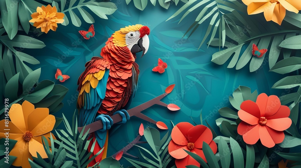 Create a kirigami template of a Buffons Macaw surrounded by exotic flowers Create a kirigami template of a Buffons Macaw surrounded by exotic flowers