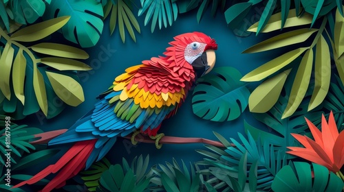 Craft a kirigami template of a Military Macaw amidst tropical foliage © worawut