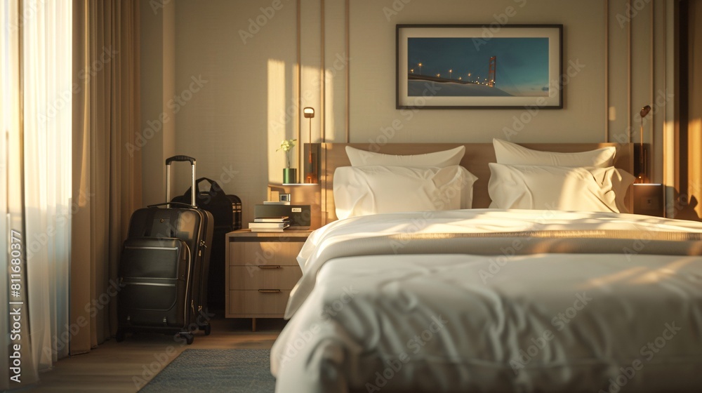 Inside a bright hotel room with luggage and knapsack beside the bed. Inside a bright hotel room with luggage and knapsack beside the bed.