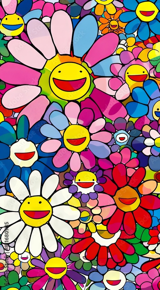 A colorful wallpaper with smiling flowers. A colorful wallpaper with smiling flowers.