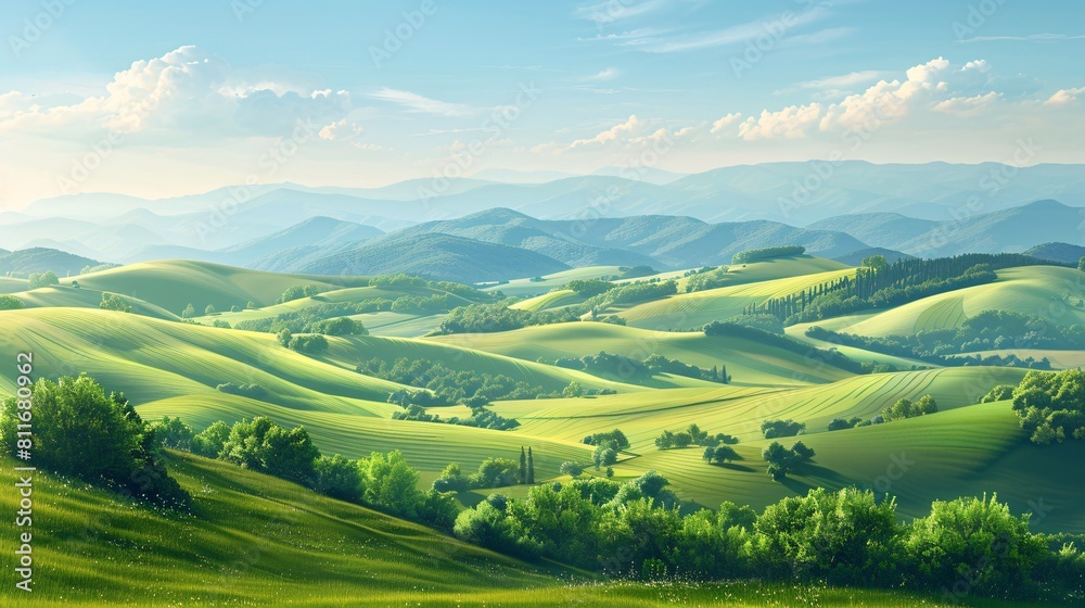 A countryside sunrise with rolling terrain in a panoramic layout, ideal for use as a backdrop. Digital drawing.