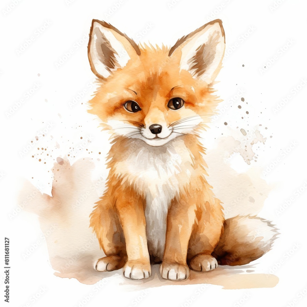 Cute watercolor illustration of a baby fox sitting down with a friendly expression on its face. Cute watercolor illustration of a baby fox sitting down with a friendly expression on its face.